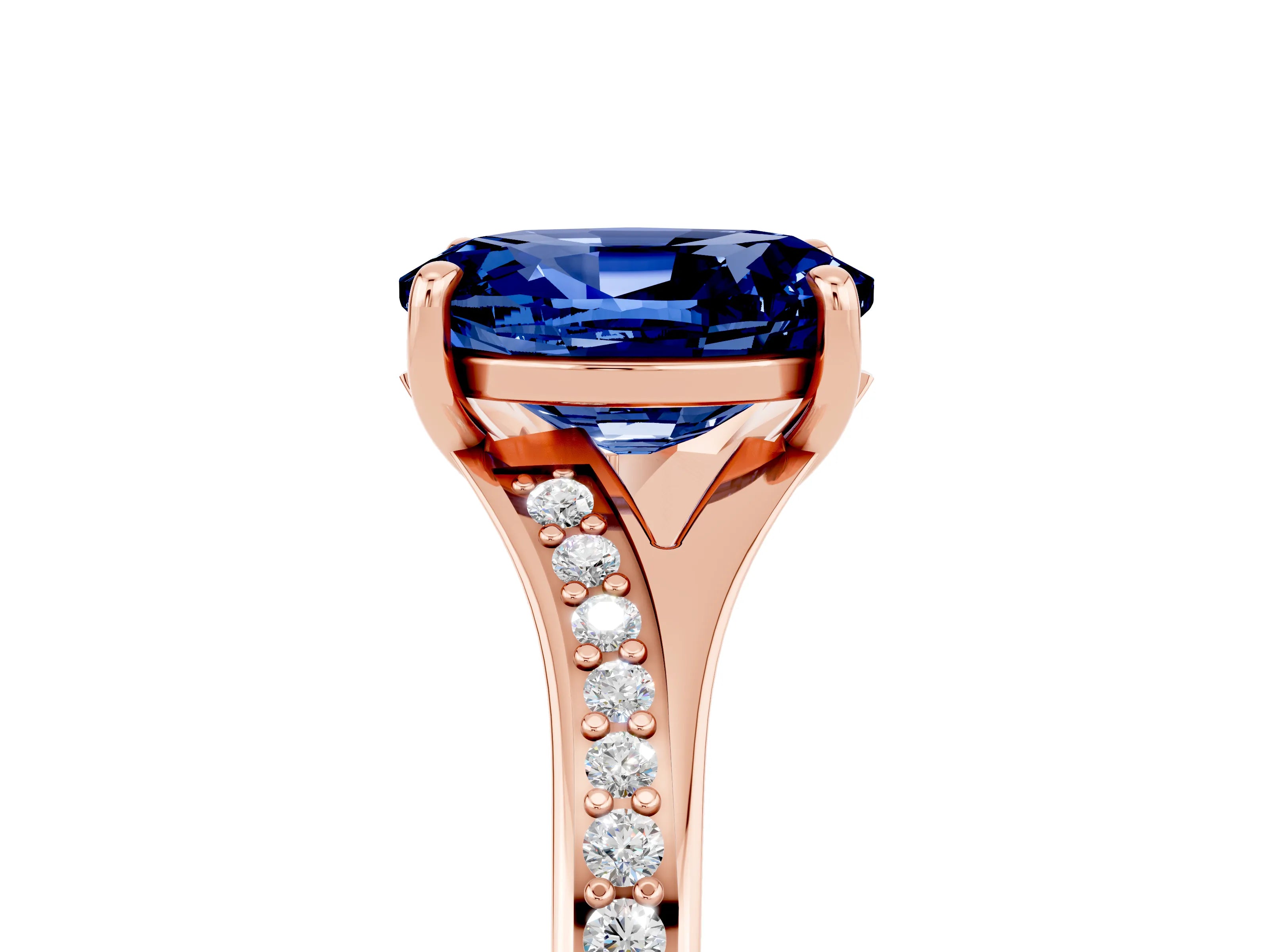 Rose gold Oval Cut Blue Sapphire Solitaire Ring with Pavé Band and Prong Setting_18