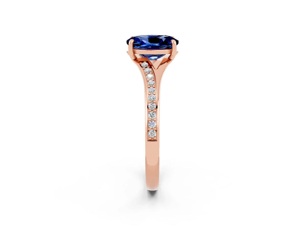Rose gold Oval Cut Blue Sapphire Solitaire Ring with Pavé Band and Prong Setting