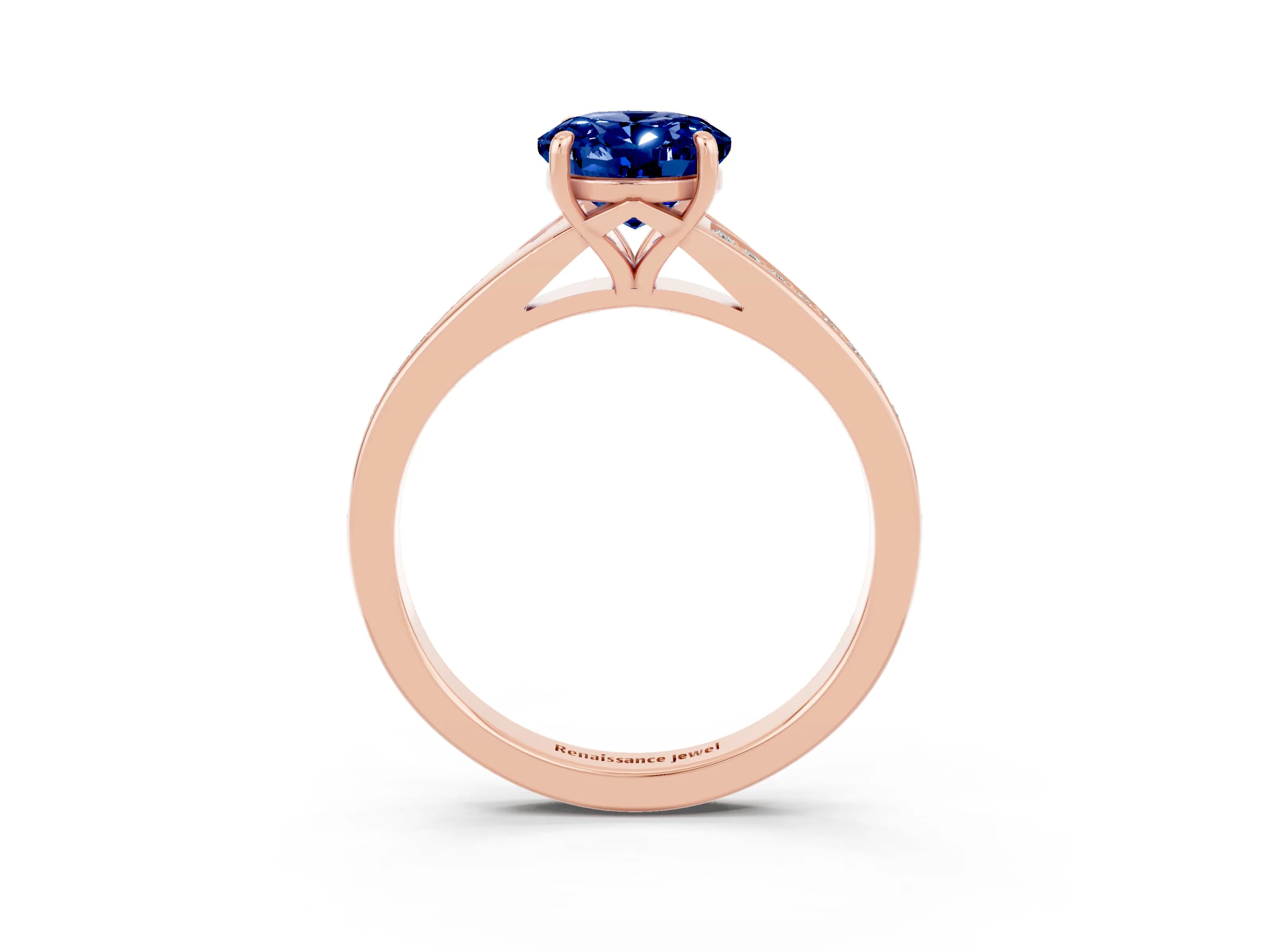 Rose gold Oval Cut Blue Sapphire Solitaire Ring with Pavé Band and Prong Setting_3