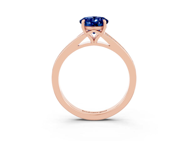 Rose gold Oval Cut Blue Sapphire Solitaire Ring with Pavé Band and Prong Setting