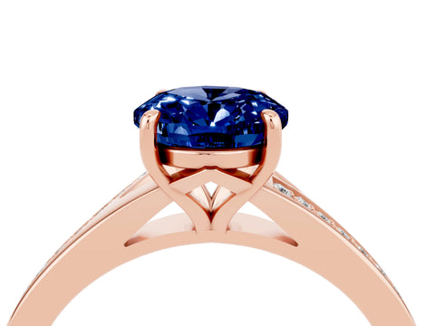 Rose gold Oval Cut Blue Sapphire Solitaire Ring with Pavé Band and Prong Setting_4