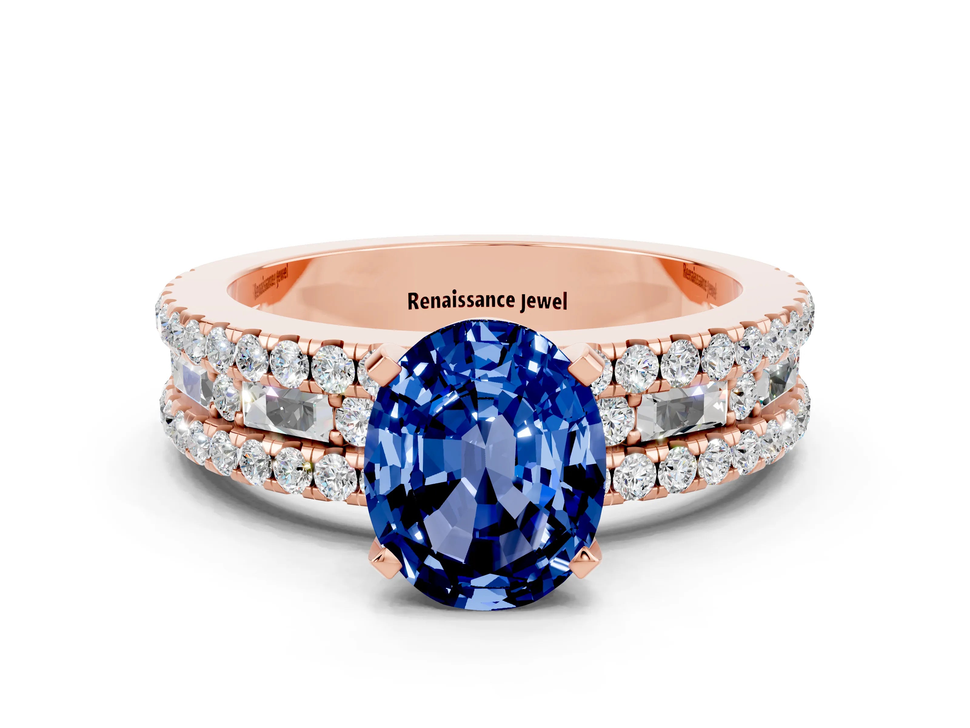 Rose gold Oval Cut Blue Sapphire Solitaire Ring with Pavé and Channel Set Band