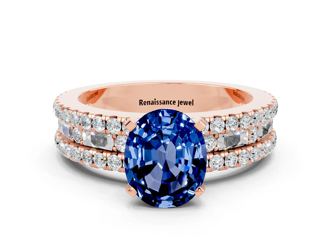 Rose gold Oval Cut Blue Sapphire Solitaire Ring with Pavé and Channel Set Band
