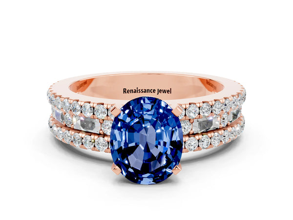 Rose gold Oval Cut Blue Sapphire Solitaire Ring with Pavé and Channel Set Band