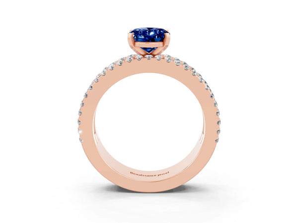Rose gold Oval Cut Blue Sapphire Solitaire Ring with Pavé and Channel Set Band