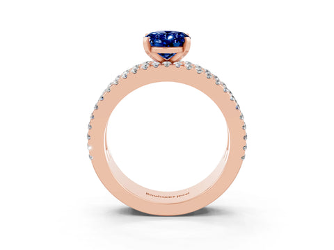 Rose gold Oval Cut Blue Sapphire Solitaire Ring with Pavé and Channel Set Band_3