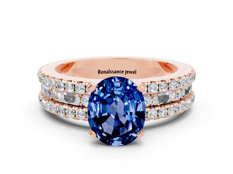 Rose gold Oval Cut Blue Sapphire Solitaire Ring with Pavé and Channel Set Band