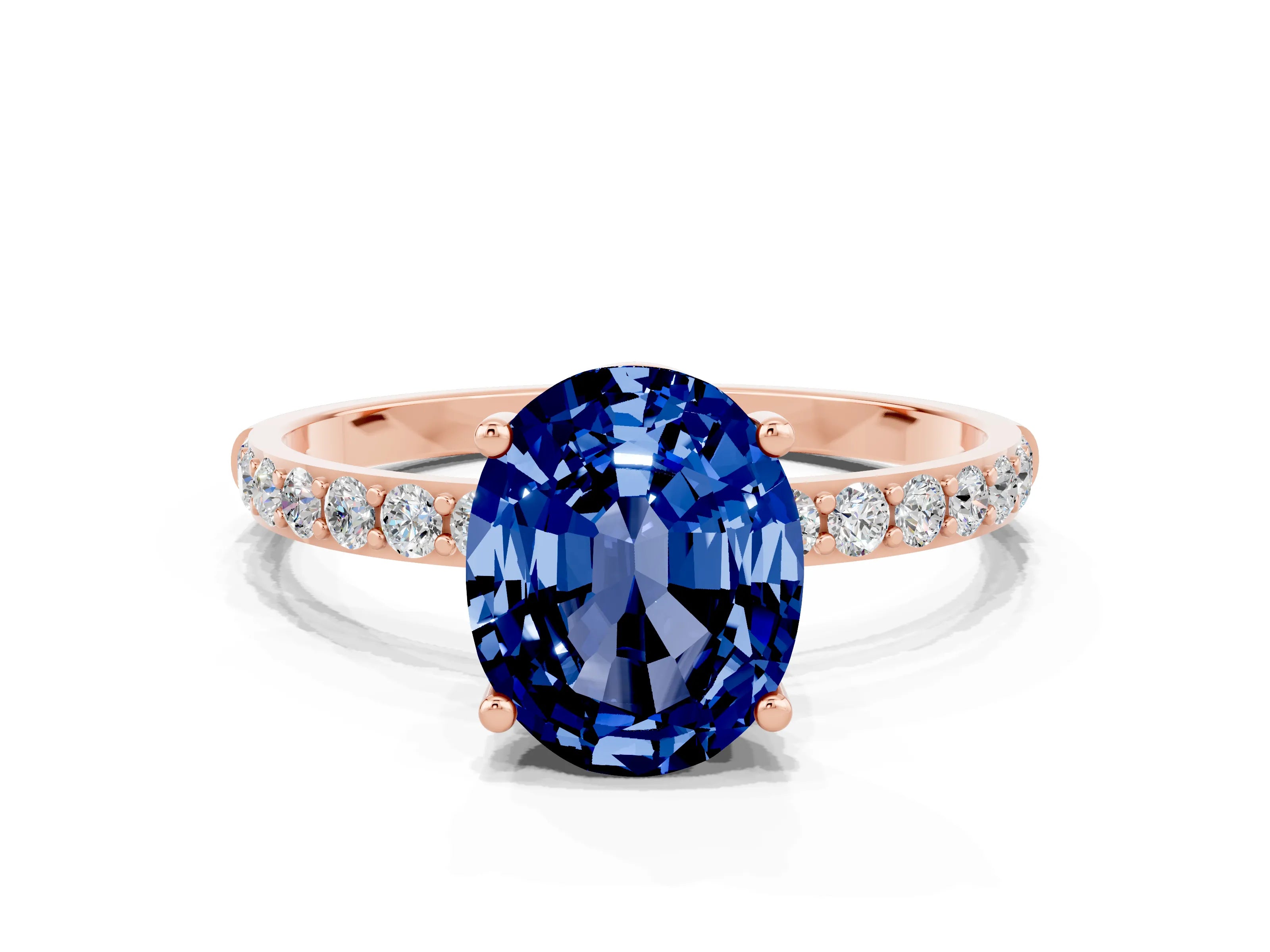 Rose gold Oval Cut Blue Sapphire Solitaire Ring with Pave Band and Four Prong Setting_12