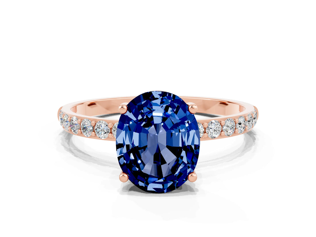Rose gold Oval Cut Blue Sapphire Solitaire Ring with Pave Band and Four Prong Setting_12