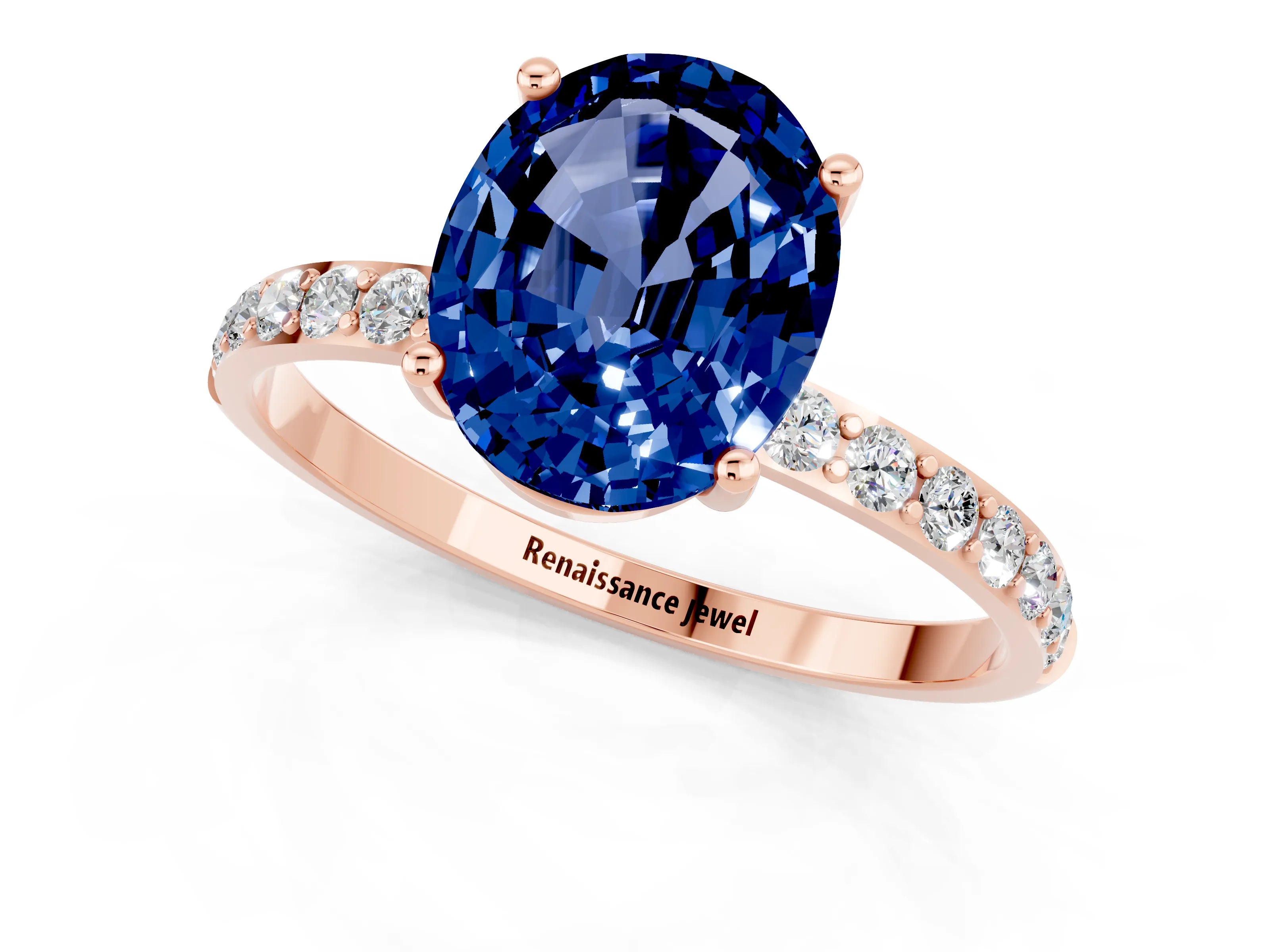 Rose gold Oval Cut Blue Sapphire Solitaire Ring with Pave Band and Four Prong Setting_13