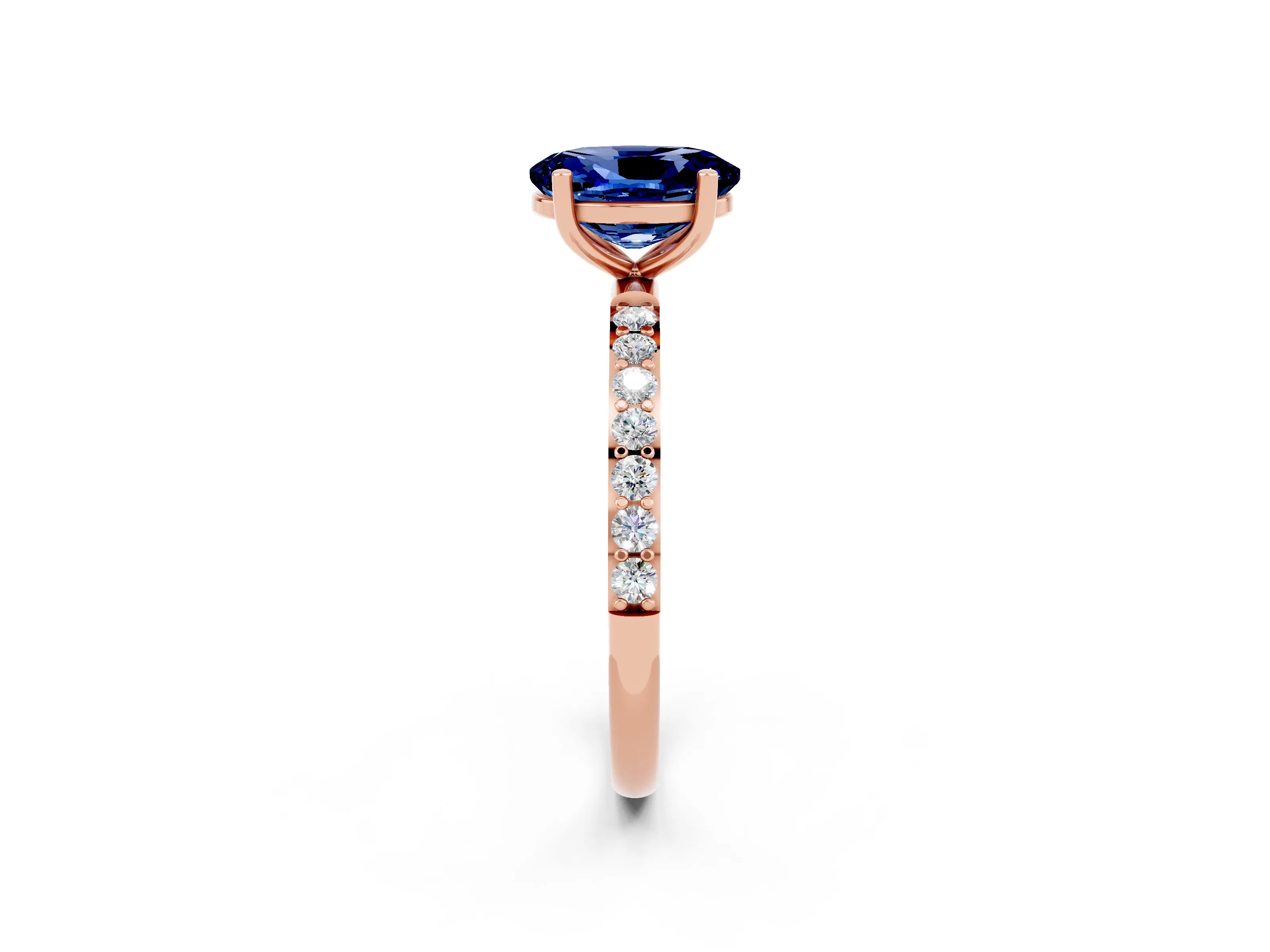 Rose gold Oval Cut Blue Sapphire Solitaire Ring with Pave Band and Four Prong Setting_14