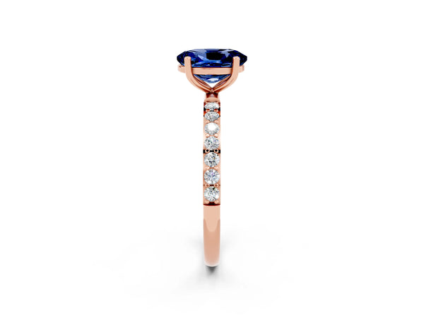 Rose gold Oval Cut Blue Sapphire Solitaire Ring with Round  Pavé Band and Prong Setting