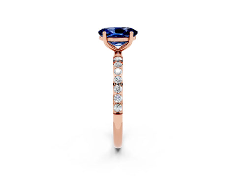 Rose gold Oval Cut Blue Sapphire Solitaire Ring with Pave Band and Four Prong Setting_14