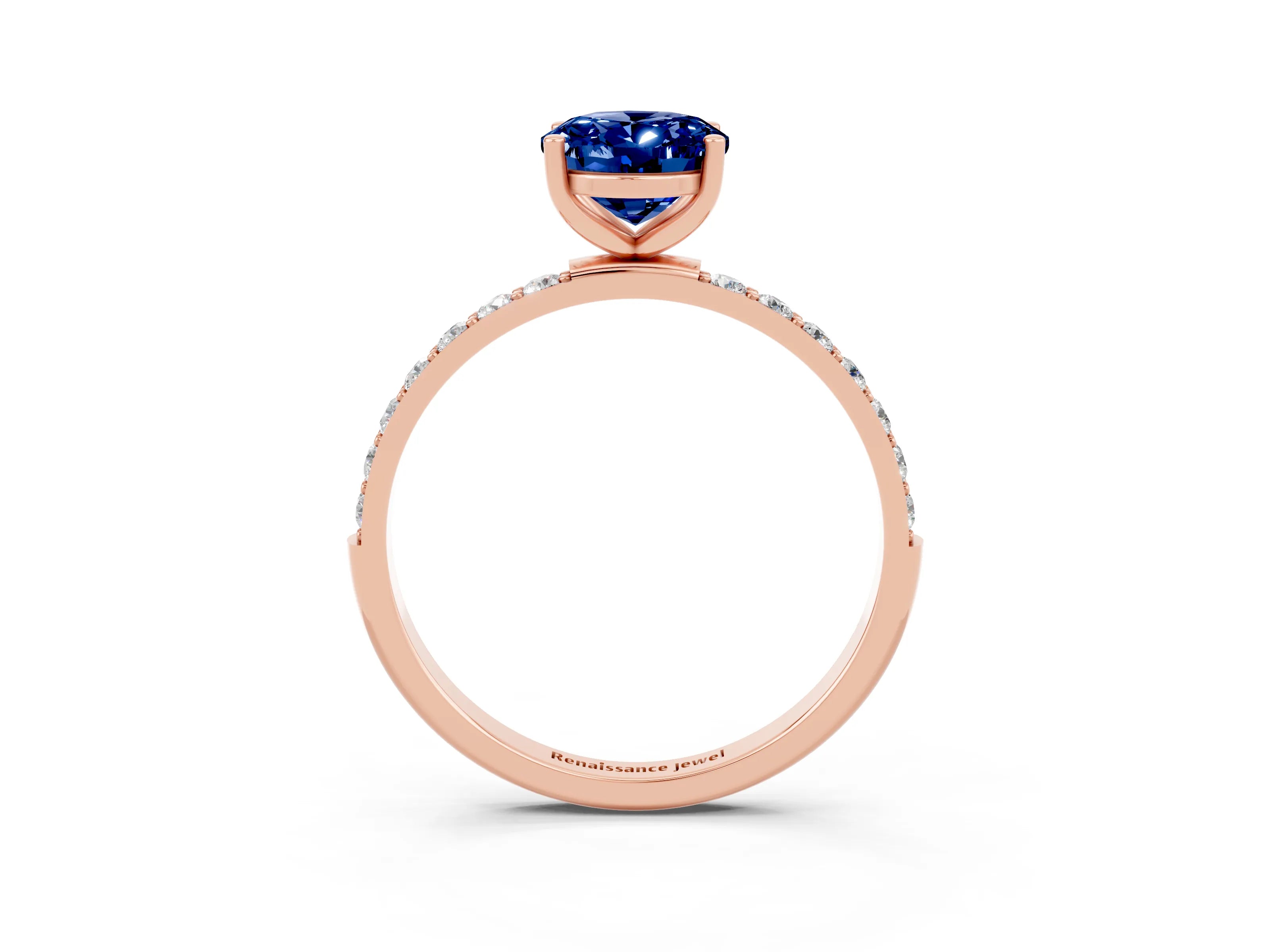 Rose gold Oval Cut Blue Sapphire Solitaire Ring with Pave Band and Four Prong Setting_15