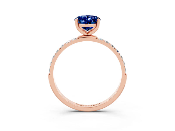 Rose gold Oval Cut Blue Sapphire Solitaire Ring with Round  Pavé Band and Prong Setting