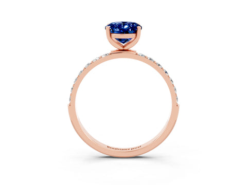 Rose gold Oval Cut Blue Sapphire Solitaire Ring with Pave Band and Four Prong Setting_15