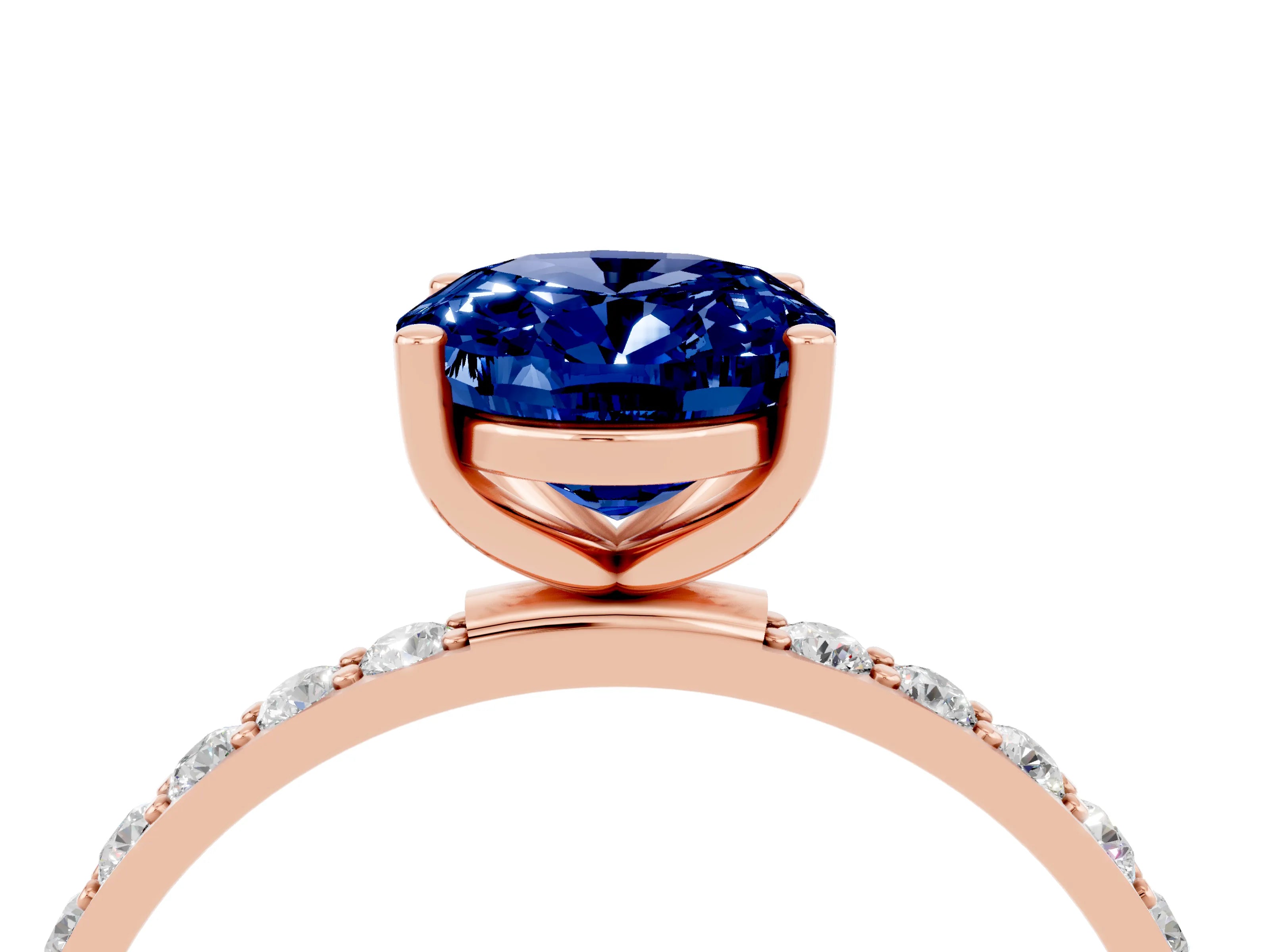 Rose gold Oval Cut Blue Sapphire Solitaire Ring with Pave Band and Four Prong Setting_16