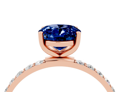 Rose gold Oval Cut Blue Sapphire Solitaire Ring with Pave Band and Four Prong Setting_16