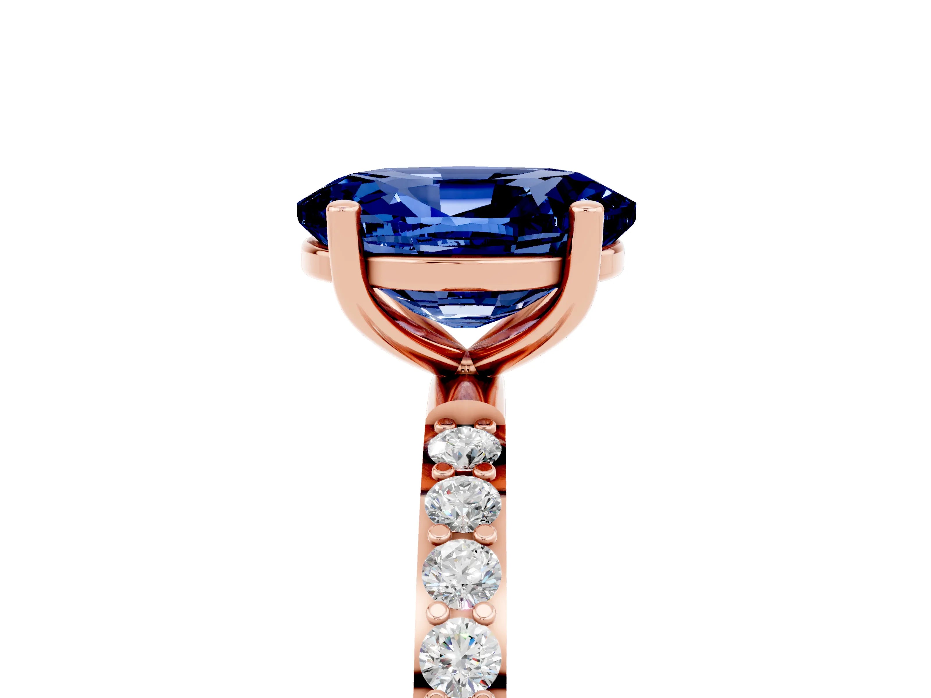 Rose gold Oval Cut Blue Sapphire Solitaire Ring with Pave Band and Four Prong Setting_17