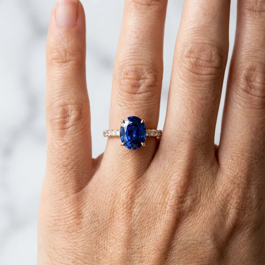 Rose gold Oval Cut Blue Sapphire Solitaire Ring with Round  Pavé Band and Four-Prong Setting_42