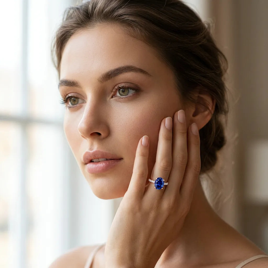 Rose gold Oval Cut Blue Sapphire Solitaire Ring with Round  Pavé Band and Four-Prong Setting_43