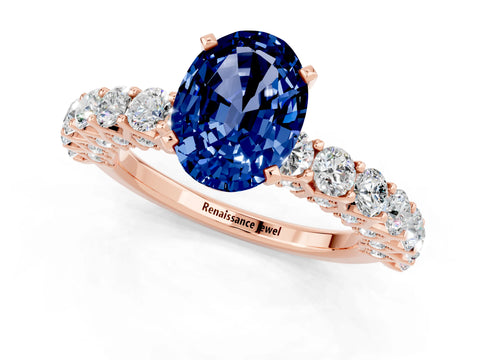 Rose gold Oval Cut Blue Sapphire Solitaire Ring with Shared Prong Pavé Band and Four-Prong Setting_1