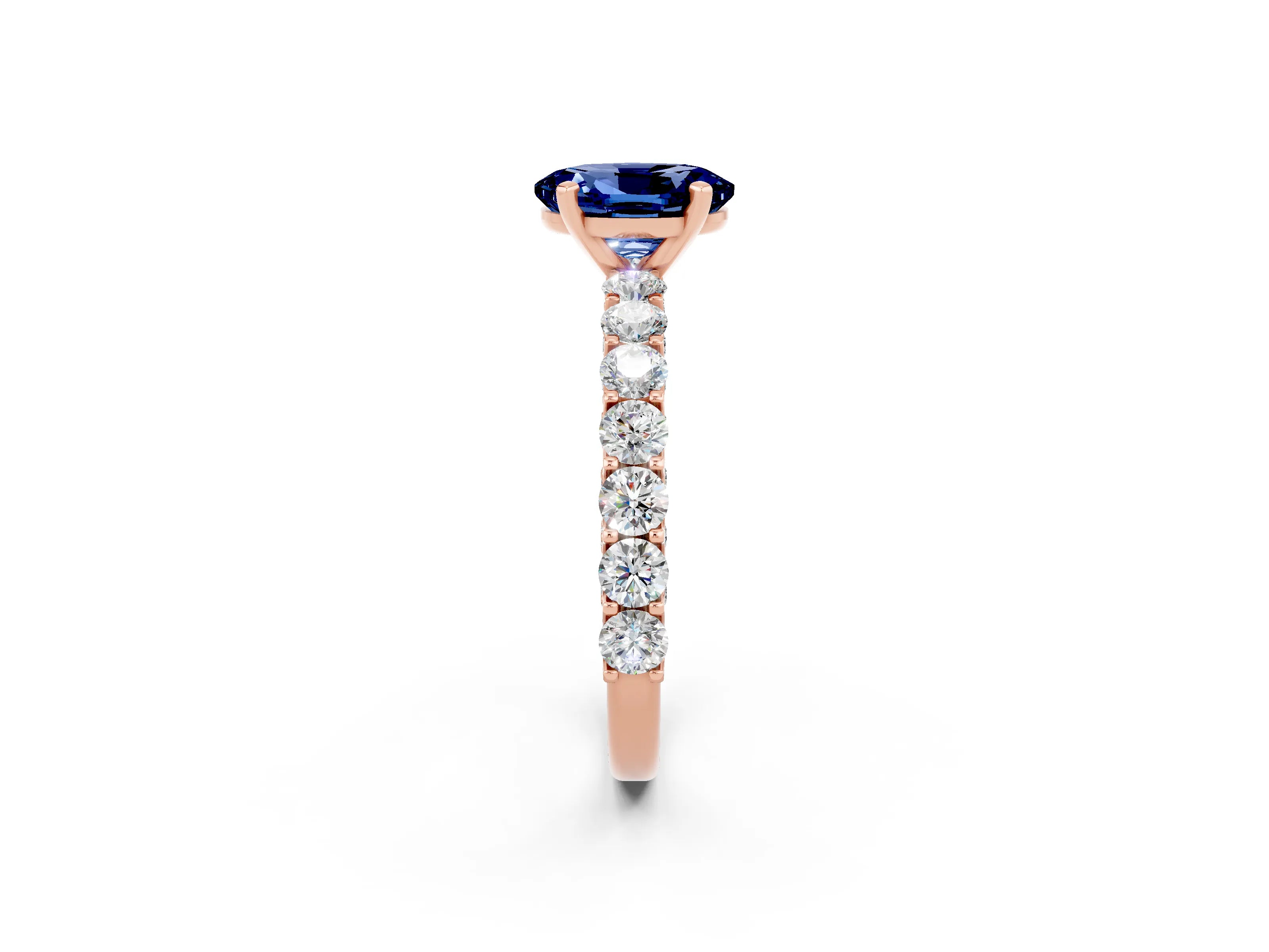 Rose gold Oval Cut Blue Sapphire Solitaire Ring with Shared Prong Pavé Band and Four-Prong Setting_2