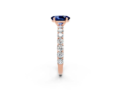 Rose gold Oval Cut Blue Sapphire Solitaire Ring with Shared Prong Pavé Band and Four-Prong Setting_2
