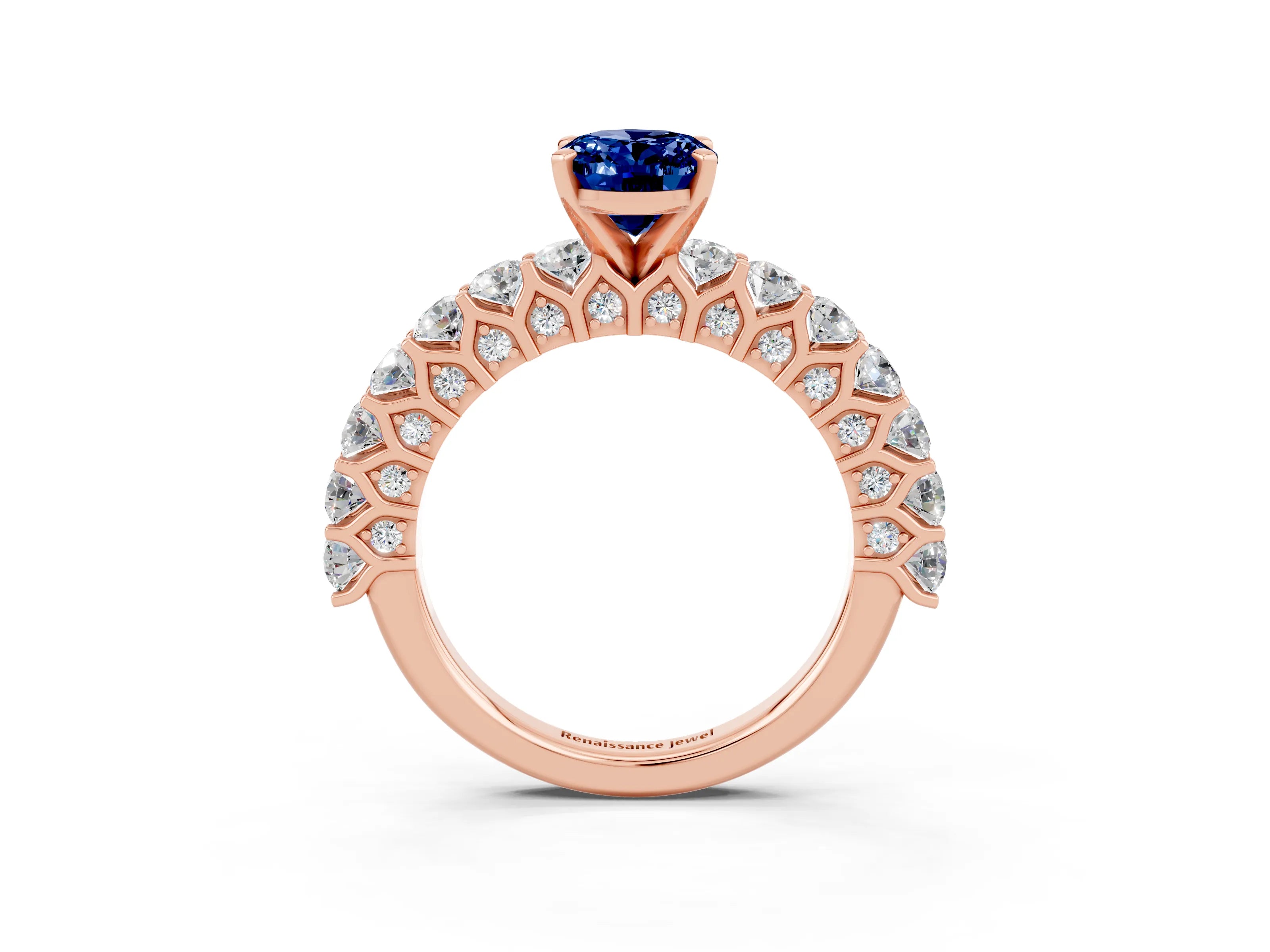 Rose gold Oval Cut Blue Sapphire Solitaire Ring with Shared Prong Pavé Band and Four-Prong Setting_3
