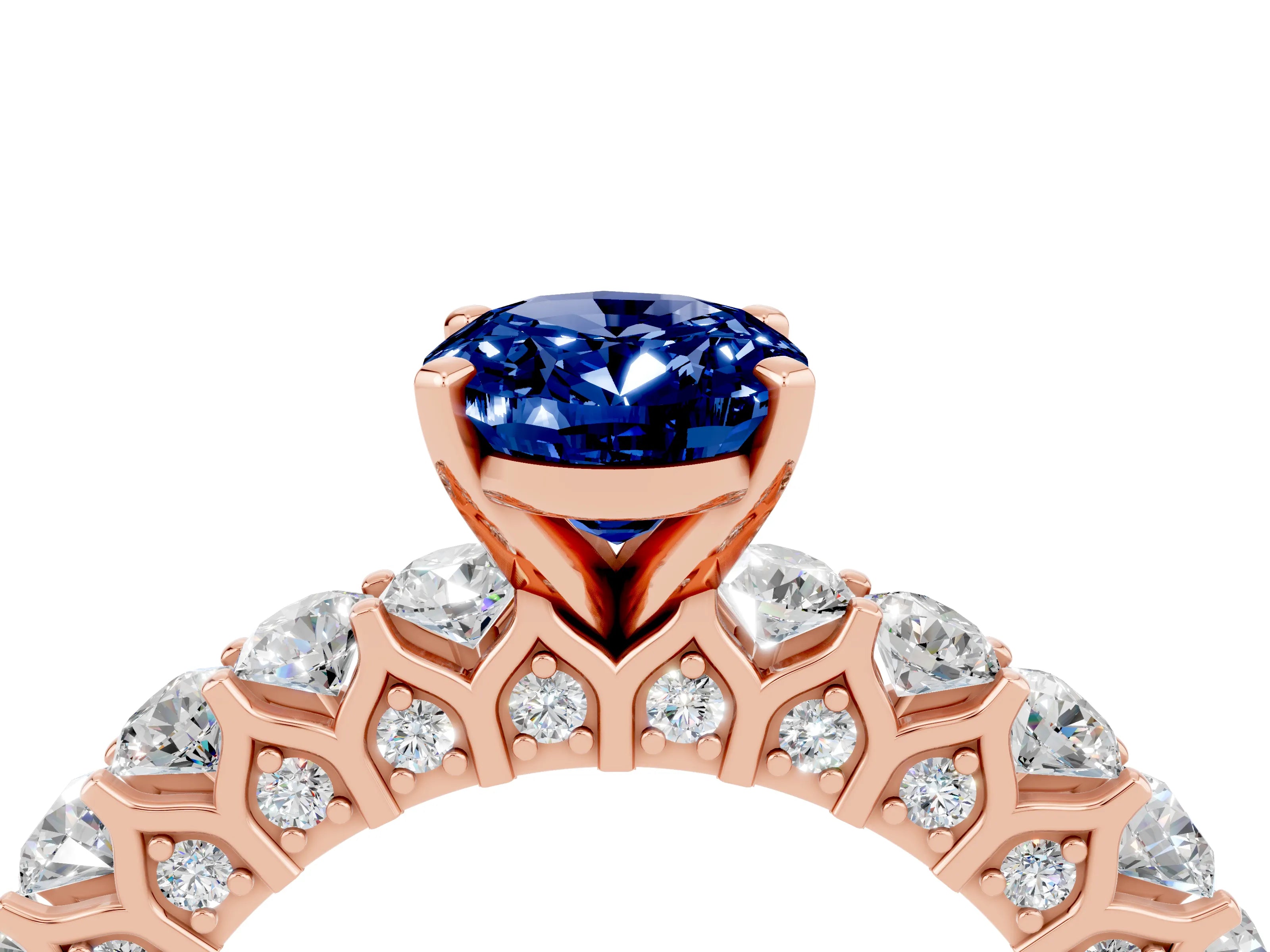 Rose gold Oval Cut Blue Sapphire Solitaire Ring with Shared Prong Pavé Band and Four-Prong Setting_4