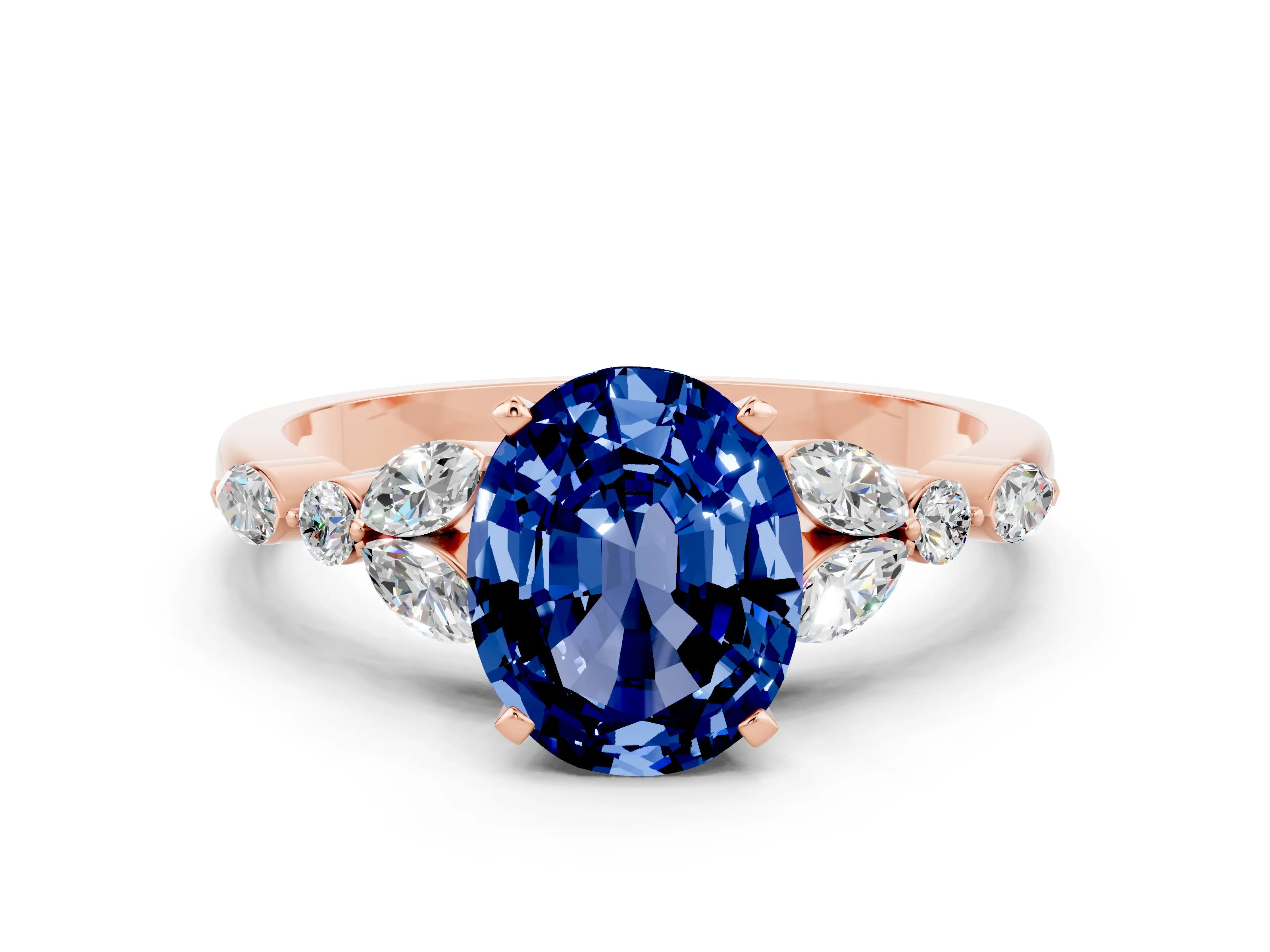 Rose gold Oval Cut Blue Sapphire Solitaire Ring with Side Stones and Four-Prong Setting_12