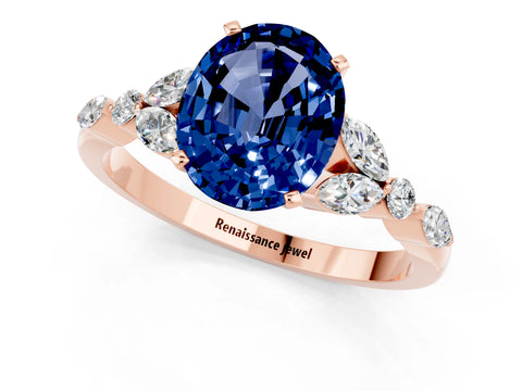 Rose gold Oval Cut Blue Sapphire Solitaire Ring with Side Stones and Four-Prong Setting_13