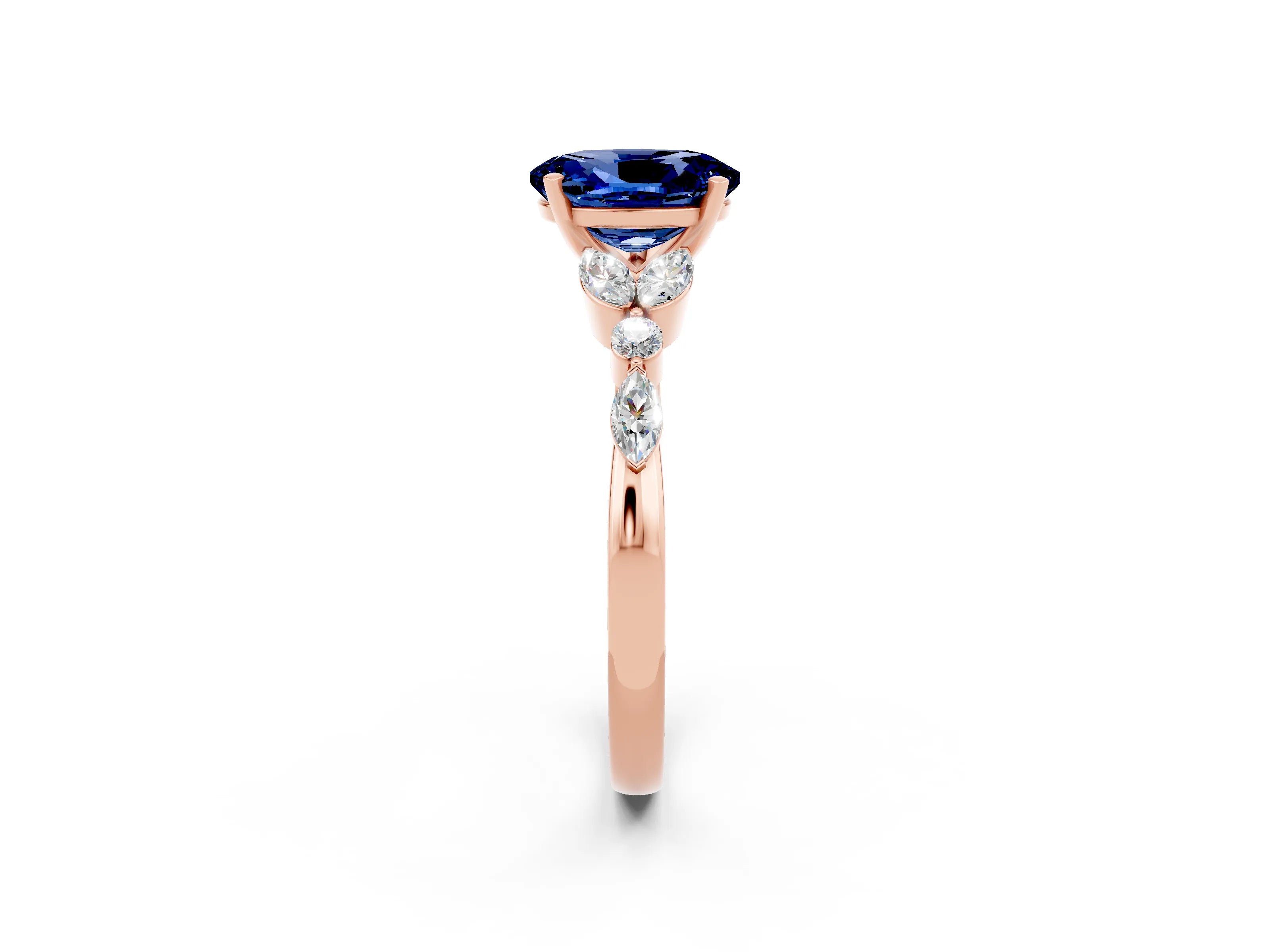 Rose gold Oval Cut Blue Sapphire Solitaire Ring with Side Stones and Four-Prong Setting_14