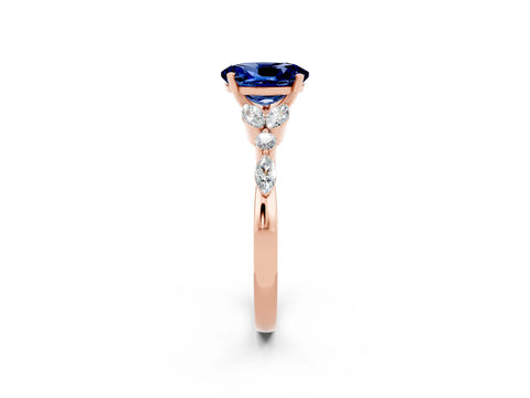 Rose gold Oval Cut Blue Sapphire Solitaire Ring with Side Stones and Four-Prong Setting_14