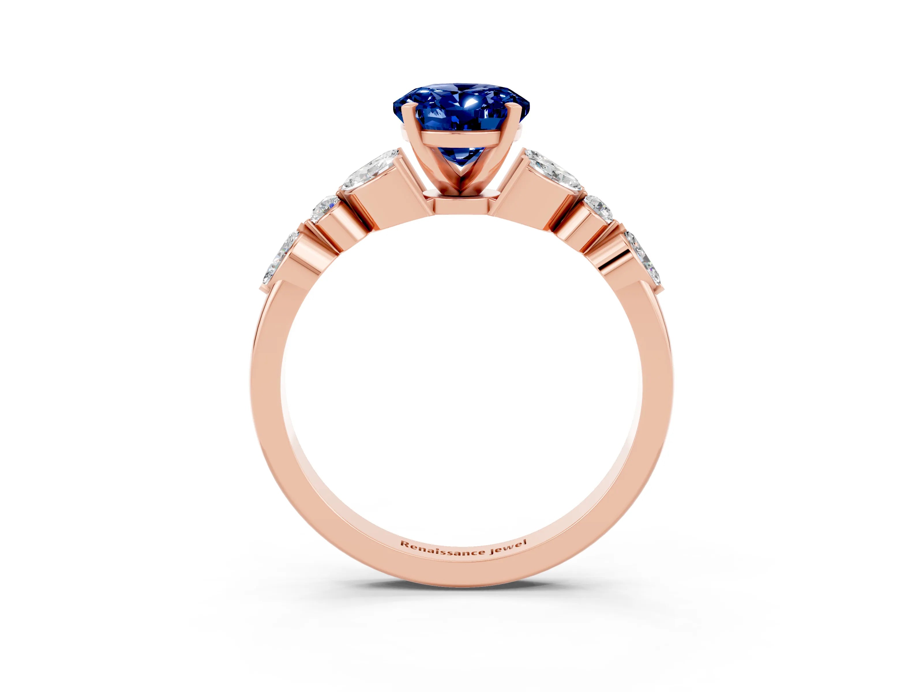 Rose gold Oval Cut Blue Sapphire Solitaire Ring with Side Stones and Four-Prong Setting_15