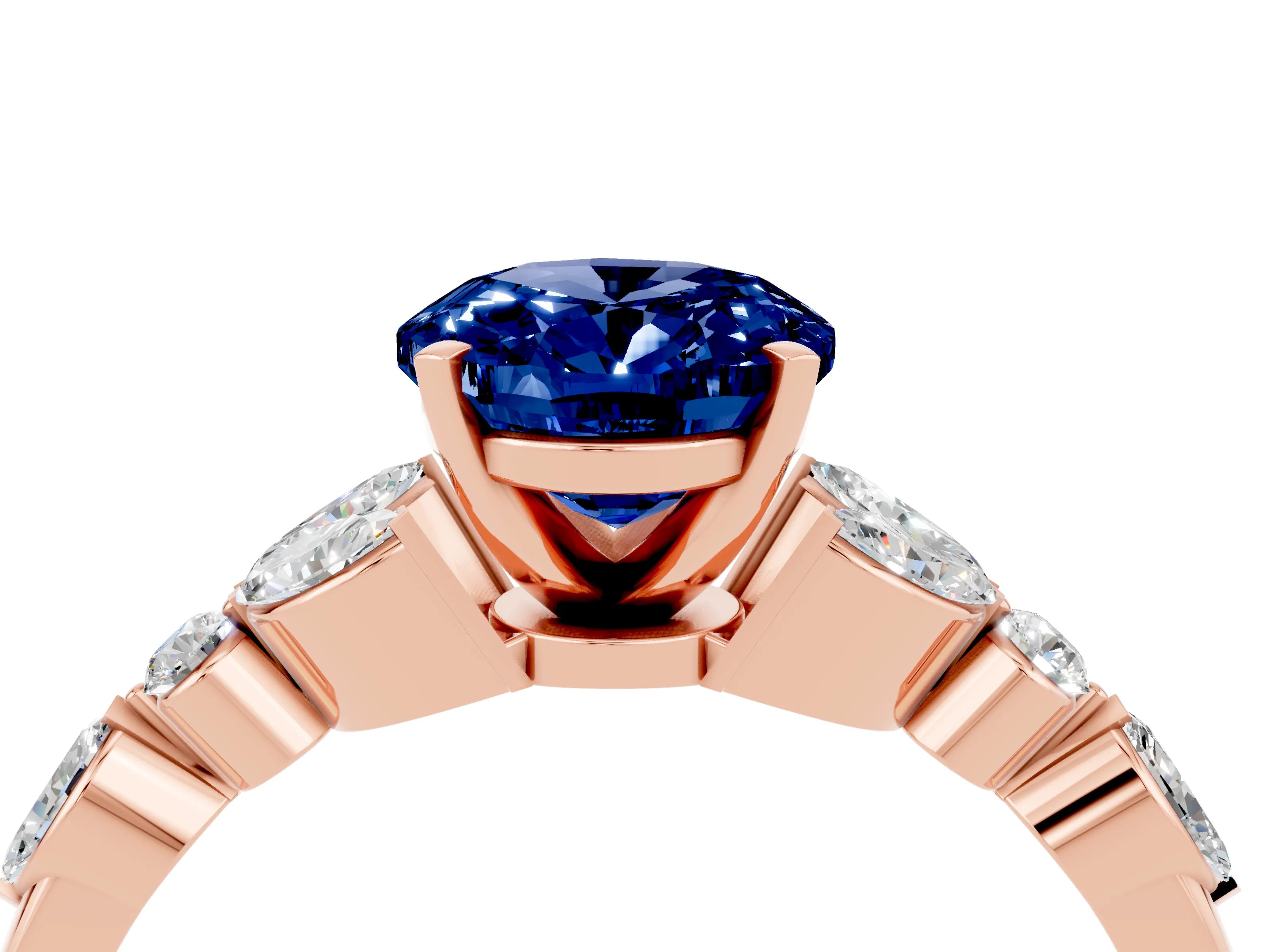 Rose gold Oval Cut Blue Sapphire Solitaire Ring with Side Stones and Four-Prong Setting_16