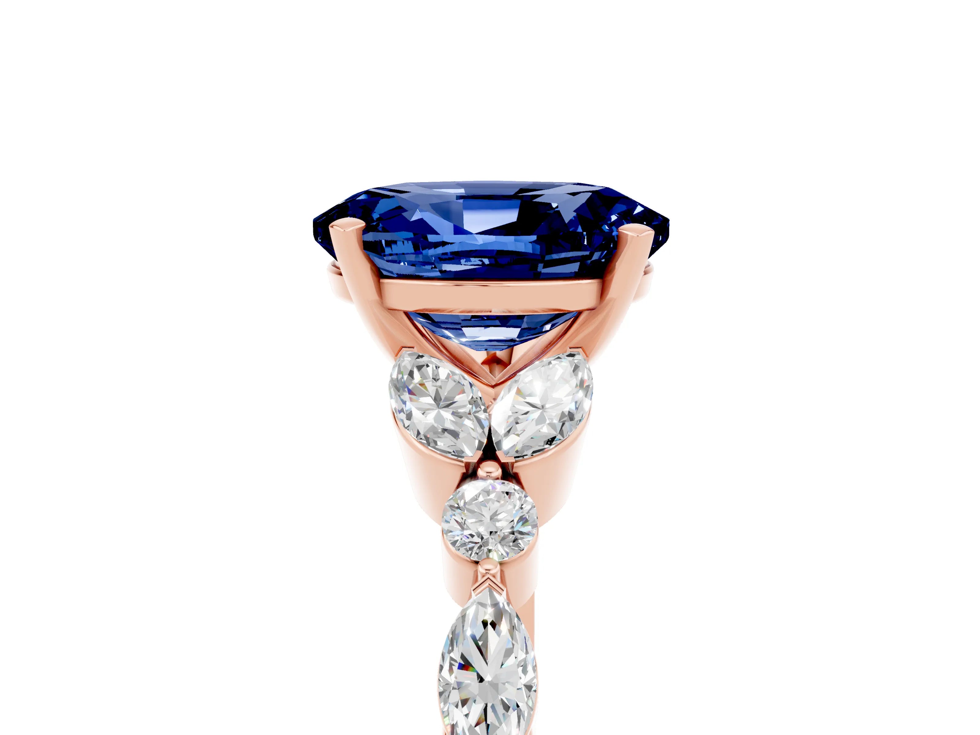 Rose gold Oval Cut Blue Sapphire Solitaire Ring with Side Stones and Four-Prong Setting_17
