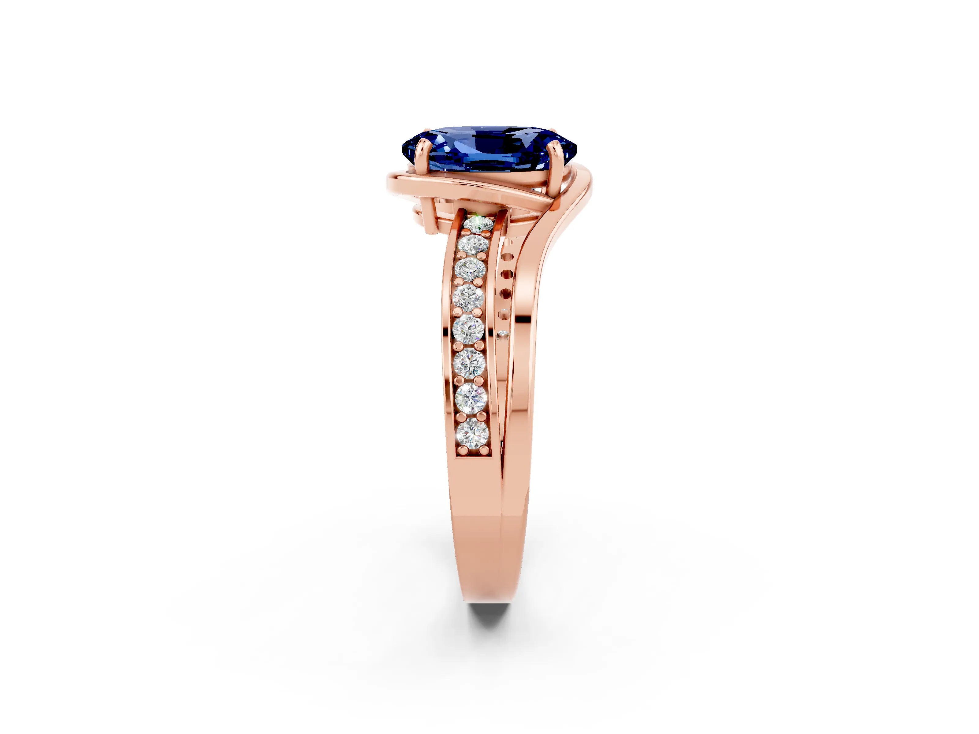 Rose gold Oval Cut Blue Sapphire Solitaire Ring with Split Shank and Prong Setting_2
