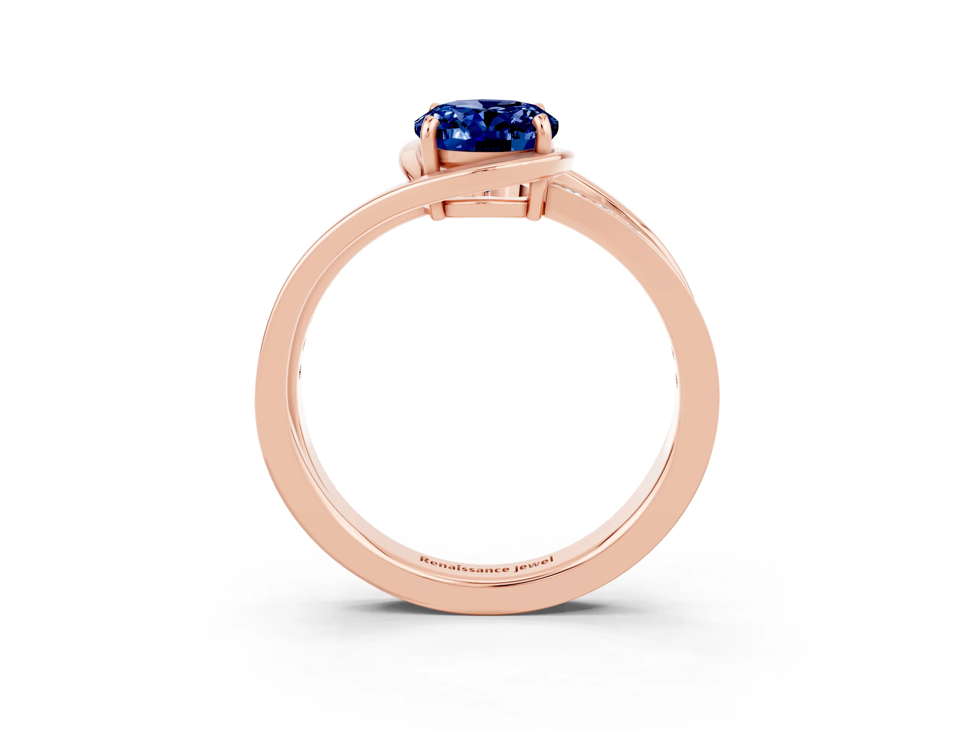 Rose gold Oval Cut Blue Sapphire Solitaire Ring with Split Shank and Prong Setting_3