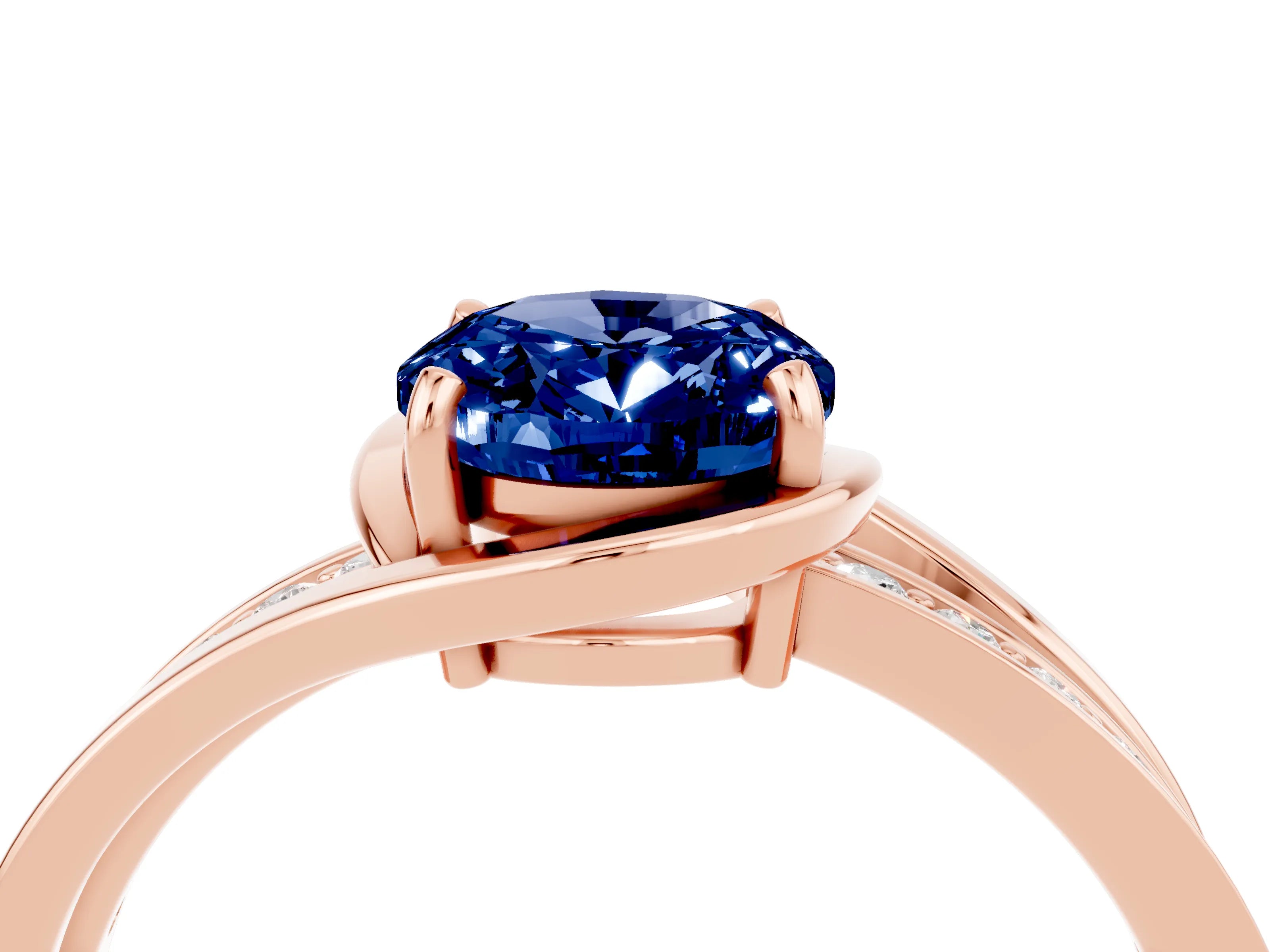 Rose gold Oval Cut Blue Sapphire Solitaire Ring with Split Shank and Prong Setting_4
