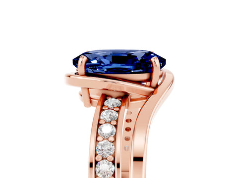 Rose gold Oval Cut Blue Sapphire Solitaire Ring with Split Shank and Prong Setting_5