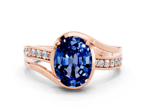 Rose gold Oval Cut Blue Sapphire Solitaire Ring with Split Shank and Prong Setting