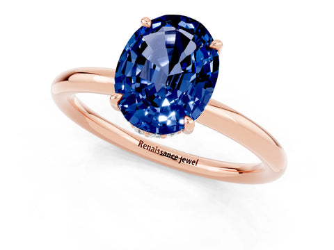 Rose gold Oval Cut Blue Sapphire Solitaire Ring with Thin Band and Four-Prong Setting_13