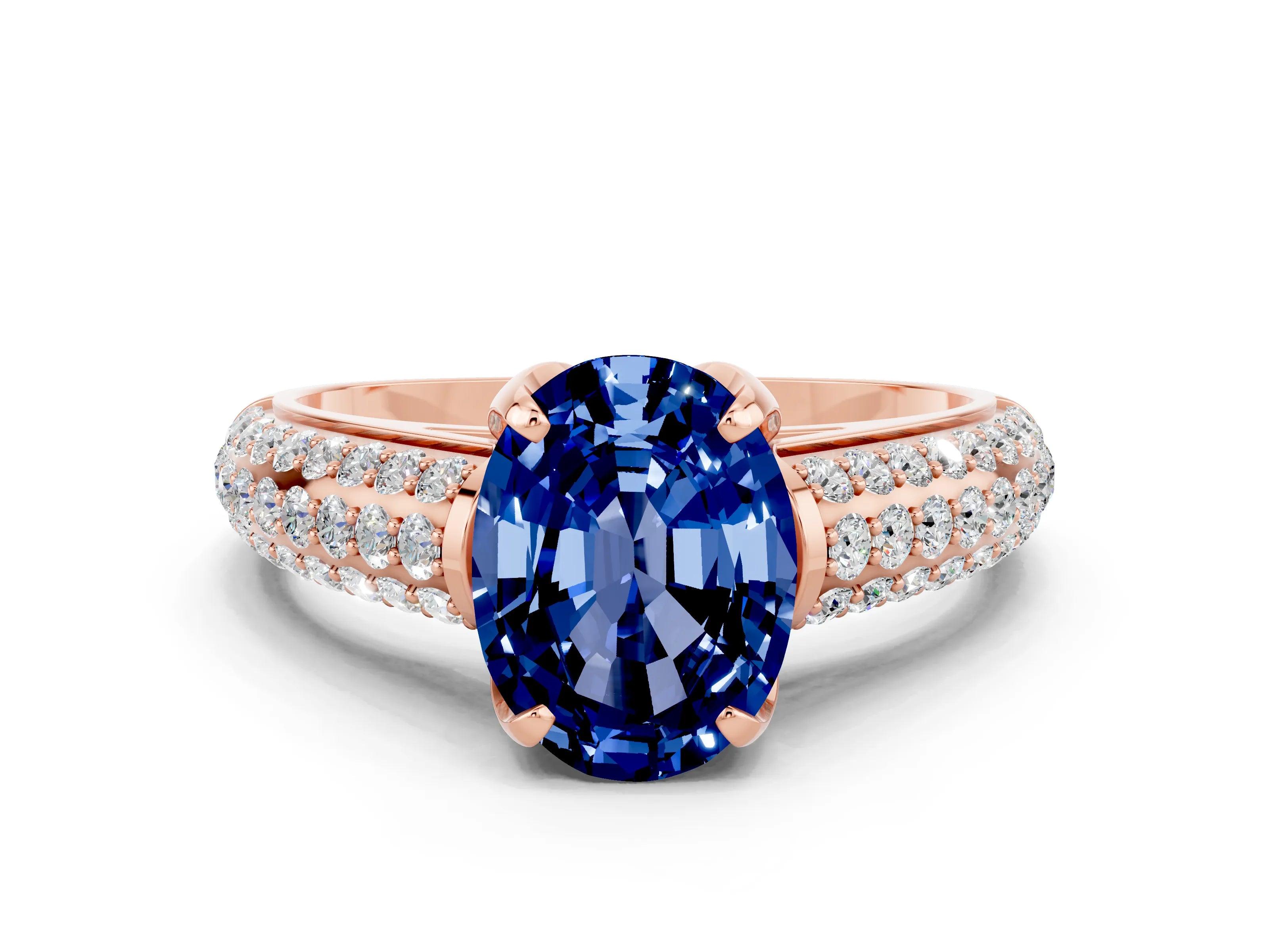 Rose gold Oval Cut Blue Sapphire Solitaire Ring with Three-Row Pavé Band and Four-Prong Setting_12