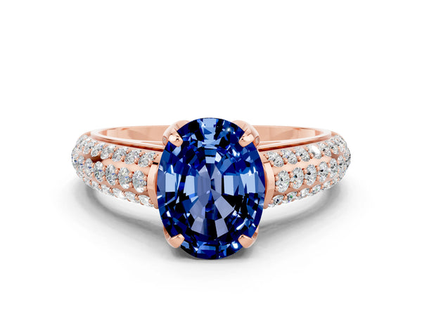 Rose gold Oval Cut Blue Sapphire Solitaire Ring with Three-Row Pavé Band and Four-Prong Setting