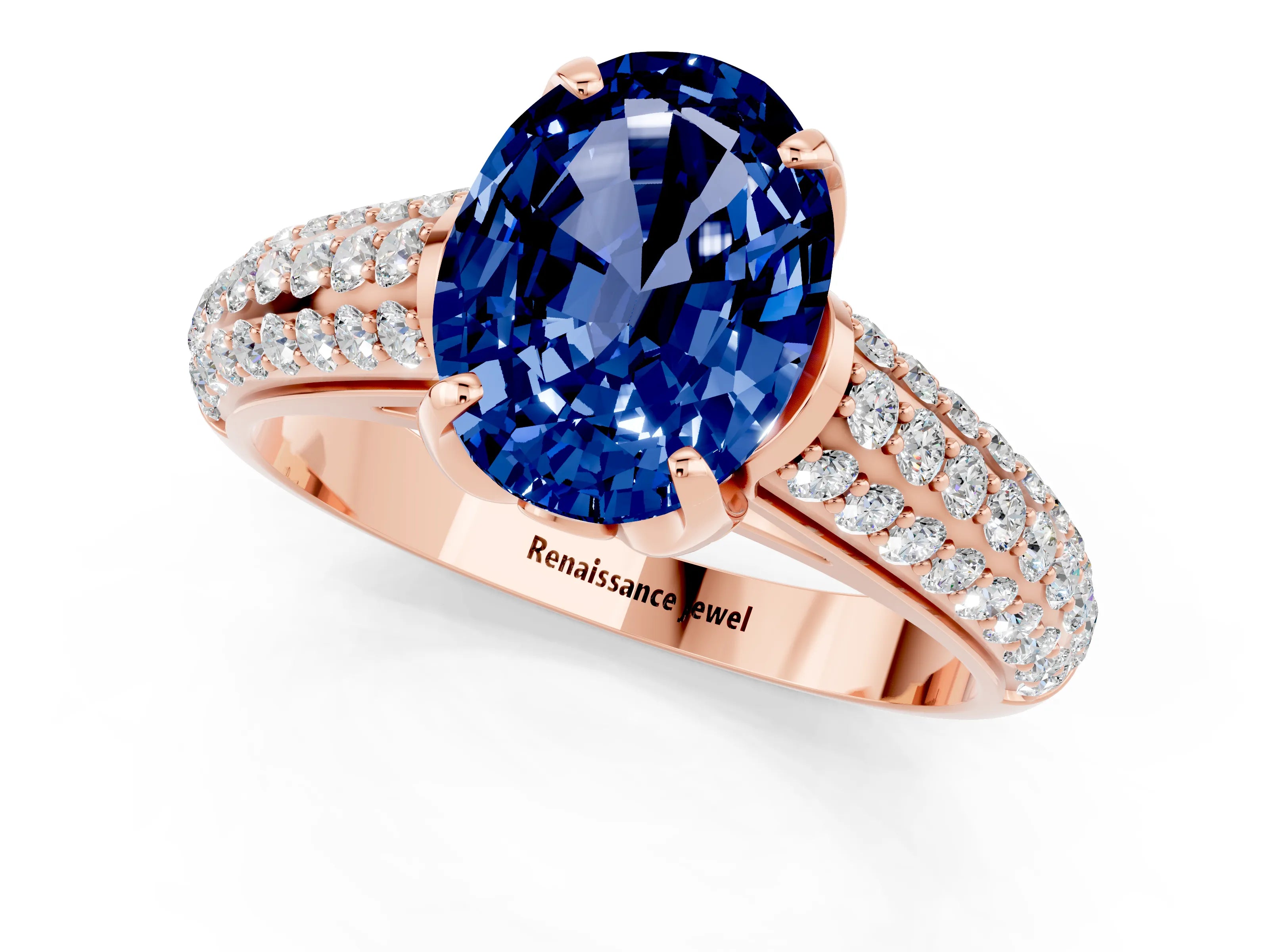 Rose gold Oval Cut Blue Sapphire Solitaire Ring with Three-Row Pavé Band and Four-Prong Setting_13