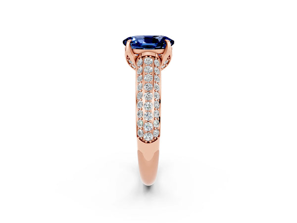 Rose gold Oval Cut Blue Sapphire Solitaire Ring with Three-Row Pavé Band and Four-Prong Setting