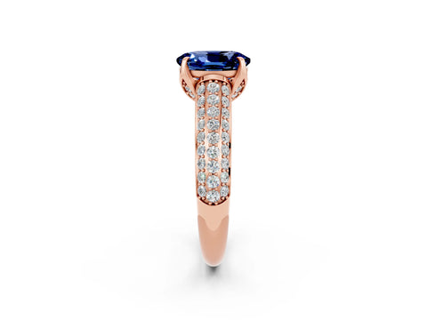Rose gold Oval Cut Blue Sapphire Solitaire Ring with Three-Row Pavé Band and Four-Prong Setting_14