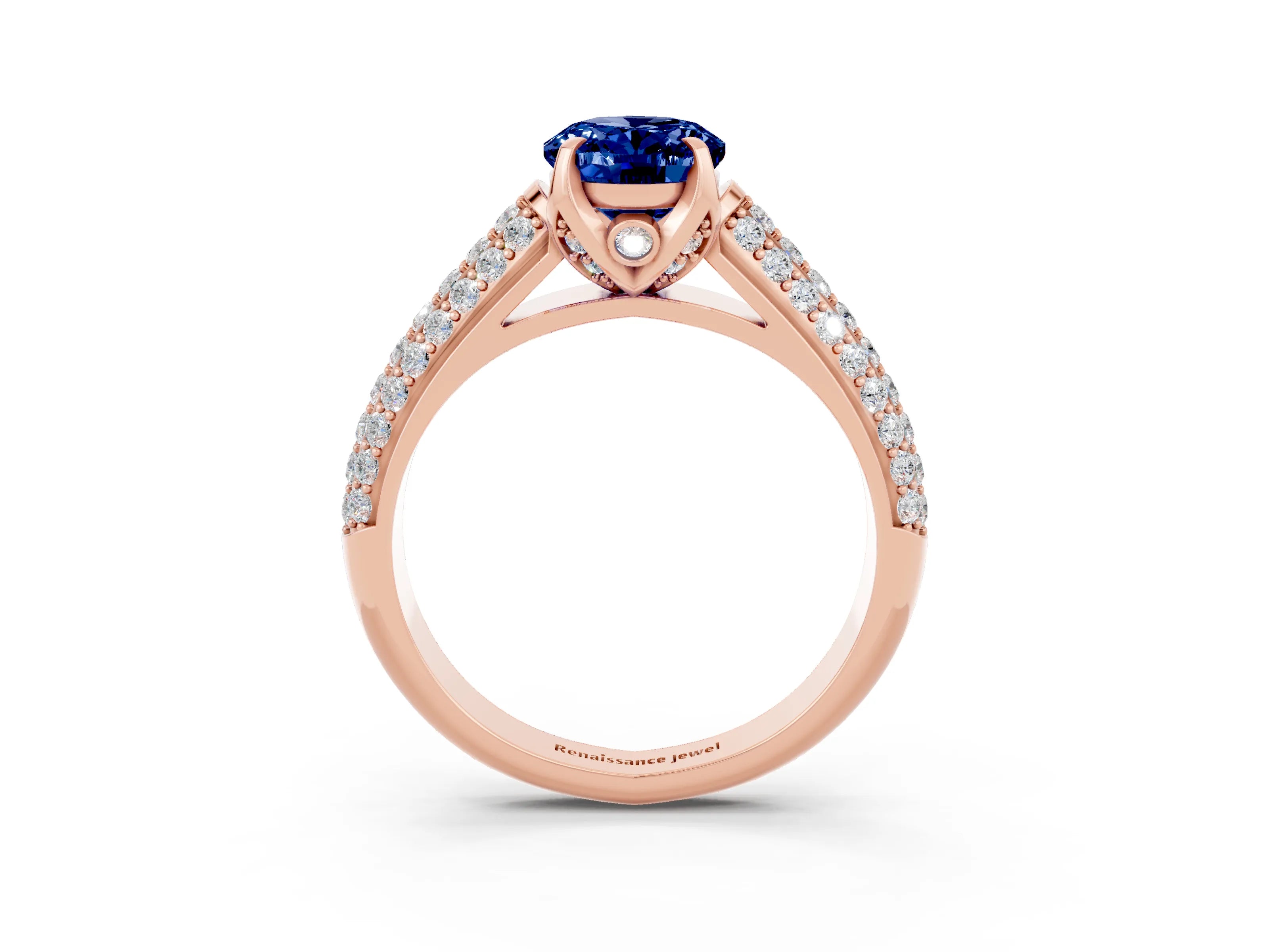 Rose gold Oval Cut Blue Sapphire Solitaire Ring with Three-Row Pavé Band and Four-Prong Setting_15