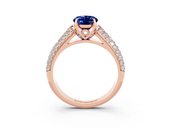 Rose gold Oval Cut Blue Sapphire Solitaire Ring with Three-Row Pavé Band and Four-Prong Setting